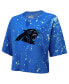 Women's Blue Distressed Carolina Panthers Bleach Splatter Notch Neck Crop T-shirt