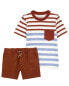 Фото #3 товара Toddler 2-Piece Striped Pocket Tee & Pull-On All Terrain Shorts Set 2T