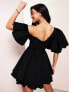 ASOS LUXE one shoulder cotton dress with corset detail and ruffles in black 36 - фото #3