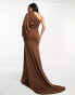 Фото #4 товара ASOS DESIGN one shoulder premium draped maxi dress with train detail in chocolate brown