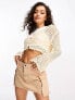 Фото #7 товара River Island Petite long sleeve button down crochet top in cream