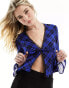 Wednesday's Girl check print lace trim blouse in blue