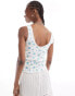 Monki pointelle scoop neck vest top with lace trim in off white and blue floral print