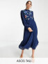 ASOS DESIGN Tall high neck pleated long sleeve skater midi dress with embroidery in navy