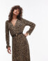 Mango v-neck long sleeve leopard print midi dress in brown