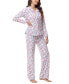 ფოტო #5 პროდუქტის Women's Long Sleeve Notch Collar Top with Lounge Pants 2 Piece Pajama Set