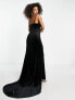 ASOS DESIGN sculpted bodice velvet maxi dress in black with train