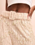 Фото #4 товара ASOS LUXE pearl embellished wide leg belted trousers in blush pink