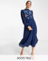 Фото #1 товара ASOS DESIGN Tall high neck pleated long sleeve skater midi dress with embroidery in navy