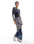 Vero Moda long sleeved lettuce edge mesh maxi dress in blue abstract butterfly print butterfly print, 2XS - фото #2