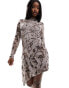 Фото #2 товара ASOS DESIGN mesh asymmetric hem mini dress with diagonal seam detailing in animal smudge print