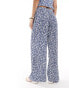 JDY pull on wide leg plisse trouser co-ord in white & blue abstract print