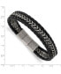 Фото #3 товара Stainless Steel Brushed Chain Black Leather Bracelet