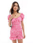 ASOS DESIGN elasticated channel lace trim bow playsuit in pink gingham