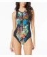 ფოტო #1 პროდუქტის Women's Missy Electric Garden High Neck Zip Front One Piece Swimsuit