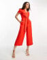 Whistles Petite short sleeve jumpsuit with tie waist in red linen Красный, UK 8 - фото #4