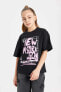 Фото #1 товара Kız Çocuk Relax Fit Slogan Baskılı Kısa Kollu Tişört