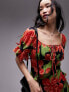 Topshop ruffle tea dress with raw seams in red floral print