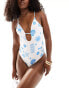 ASOS DESIGN Island cut-out plunge swimsuit in white & blue