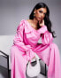 Фото #1 товара ASOS LUXE satin off shoulder wide leg jumpsuit with bow in pink