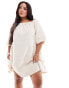 In The Style Plus linen mix bardot puff sleeve mini dress in stone