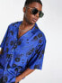 ASOS DESIGN dropped shoulder oversized revere satin shirt in blue floral print