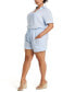 ფოტო #3 პროდუქტის Plus Size Stripe Split Neck Linen Short Sleeve Top