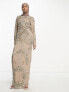 ASOS DESIGN double layer embellished maxi dress with floral embellishment in taupe