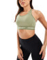 Фото #1 товара New Balance linear logo medium support sleek sports bra in olive green