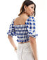 Фото #3 товара Stradivarius square neck top in blue gingham print