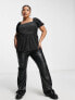 Simply Be velour ruched sleeve peplum top in black
