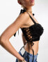 Saint Genies satin corset crop top with bunny tie in black