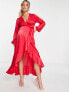 Flounce London Maternity satin long sleeve wrap maxi dress in red