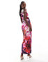 Kaiia exclusive slinky twist off shoulder maxi dress in purple flower print