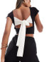 Фото #1 товара Kaiia slinky contrast bow tie back top in black