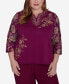 Plus Size Wine Country Women's Embroidered Floral Sleeve Split Neck Top