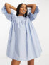 Фото #4 товара ASOS DESIGN cotton pintuck puff sleeve mini smock dress in blue