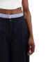 Bershka pinstripe boxer detail waistband tailored trousers in dark blue