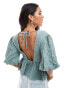 Фото #3 товара ASOS DESIGN textured puff sleeve plunge top with tie back detail in sage green