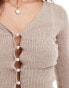 Miss Selfridge cosy knit rib V neck faux pearl button detail long sleeve top in oatmeal