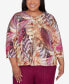 Plus Size Wine Country Women's Feather Print Lace Detailed Crew Neck Top