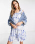 Influence Tall tie shoulder beach dress in blue and white print