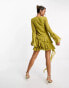 ASOS DESIGN tufted dobby chiffon mini dress with ruffles and tie neck detail in olive