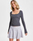 Juniors' Lace Trim Ribbed Square-Neck Sweater