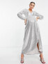 Фото #4 товара Вечернее платье для беременных Flounce London Maternity – Макси-платье с длинным рукавом в блестящем металлическом серебре.