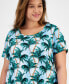 Фото #3 товара Plus Size Tropical Overlay Short-Sleeve Top, Created for Macy's