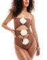 In The Style exclusive bandeau cut out contrast corsage swimsuit in chocolate brown