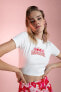 Crop Top Bisiklet Yaka Baskılı Ribana Kısa Kollu Tişört Y9697az22hs