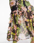 ASOS DESIGN chiffon asymmetric waist midi dress with frill hem in black based floral