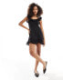 ASOS DESIGN off shoulder cotton mini dress with broderie trim & rose in black